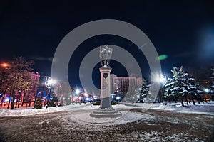 Archangel monument in snowy winter park