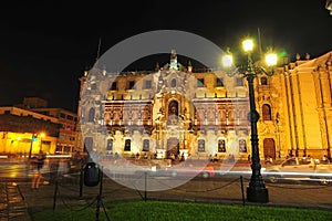 The Archbishop Palace of Lima at night, located on the Plaza Mayor of Lima, Peru