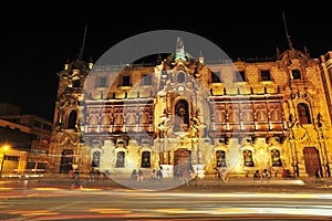 The Archbishop Palace of Lima at night, located on the Plaza Mayor of Lima, Peru