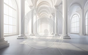 Arched architectural perspective in Antique style. Floor-to-ceiling Windows of the Palace or castle.