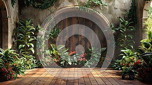 Arched botanical mural, saturated tones.