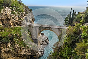 The arched bridge at Fiordo di Furore on the Amalfi coast, Italy on a sunny day