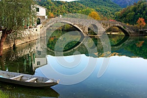 Arched bridge reflected in Crnojevica river, Montenegro