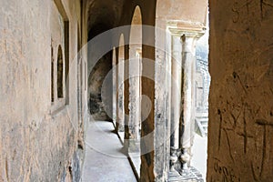arched corridor inside kalachand temple complex at pathra