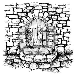 Arched door in a stone wall , scatch