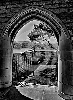 Arched doorway to lakeside patio