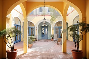 arched doorways leading into a shaded courtyard
