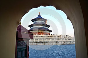 The arched entrance in front of the Tiantan Sky Temple in the evening