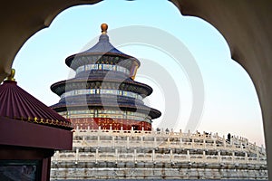 The arched entrance in front of the Tiantan Sky Temple in the evening