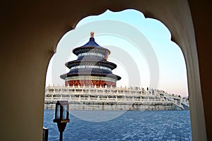 The arched entrance in front of the Tiantan Sky Temple in the evening