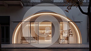 An arched entrance of a modern cafe with warm lighting and minimal interior in the exterior of a classical building
