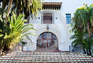 Arched entrance and Moorish architecture at the Santa Barbara County Courthouse in California