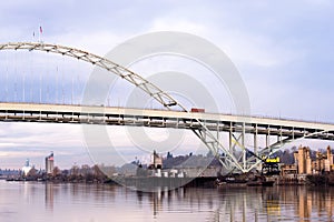 Arched Fremont bridge over the river Willamette Portland Oregon