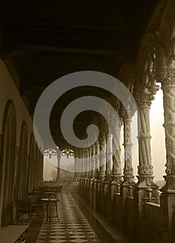 Arched Gallery - Bussaco Palace, Foggy Day - Sepia Image