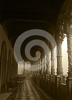 Arched Gallery - Bussaco Palace, Foggy Day - Sepia Image photo