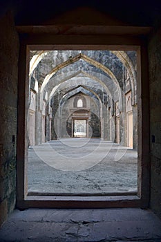 Arched interior of Hindola Mahal or Swing palace of Mandu