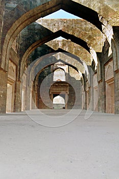 Arched interior of Hindola Mahal or Swing palace of Mandu