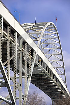 Arched openwork two-level Fremont bridge across Willamette River