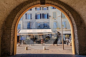 Arched passage way in the medieval stone city walls of Old Town Antibes, France