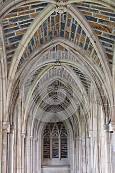 An arched passageway at Duke University made with limestone and Hillsborough Bluestone in Durham, NC