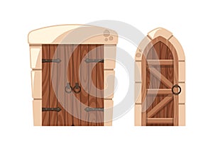 Arched and Rectangular Medieval Doors With Iron Knobs And Weathered Wood. Imposing Castle Doorways, Vector Illustration