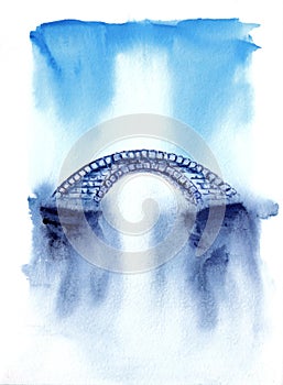Arched stone bridge on abstract background. Hand drawn watercolors on paper texture. Raster