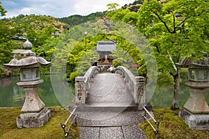 The arched stone bridge over the garden pond inside Eikan-Do temple. Kyoto Japan