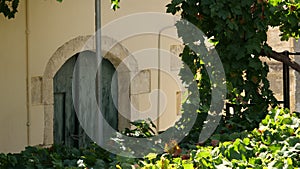 Arched stone building entrance near plants