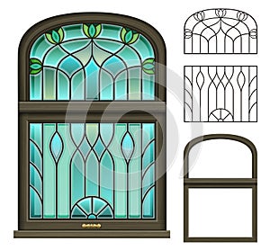 Arched vintage wooden window with stained glass