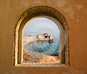 Arched window landscape of a bay