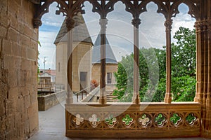 Arched window at the royal palace of Olite in Spain