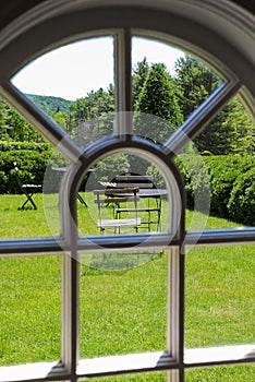 Arched Window View of Garden Patio