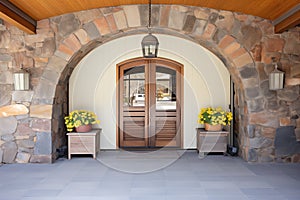 arched wooden doorway in stone wall