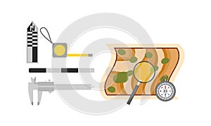 Archeologic Tools with Map and Compass Vector Set