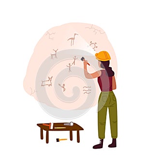 Archeological discovery, cave painting flat vector illustration. Female archeologist examining ancient drawings