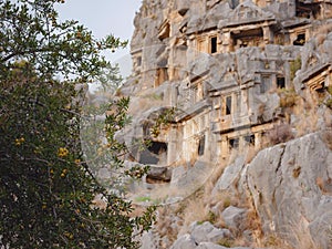 Archeological remains of the Lycian rock cut tombs in Myra, Turkey