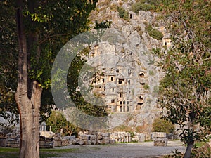 Archeological remains of the Lycian rock cut tombs in Myra, Turkey