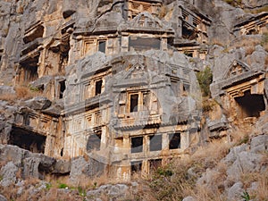 Archeological remains of the Lycian rock cut tombs in Myra, Turkey