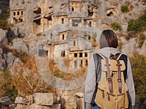 Archeological remains of the Lycian rock cut tombs in Myra, Turkey