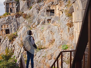 Archeological remains of the Lycian rock cut tombs in Myra, Turkey