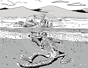 Archeologist Digging Up Fossil of Prehistoric Dinosaur Comics Style Drawing