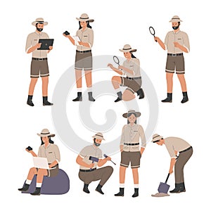 Archeologist people man and woman characters collection set