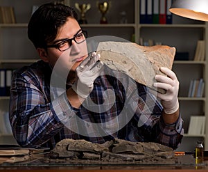 Archeologist working late night in office