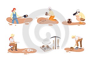 Archeologists digging and finding historical artifacts with archeological tools set cartoon vector illustration