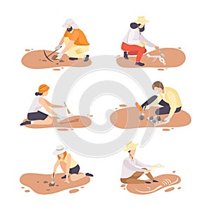 Archeologists digging finding historical artifacts set. Archeological expedition excavations cartoon vector illustration