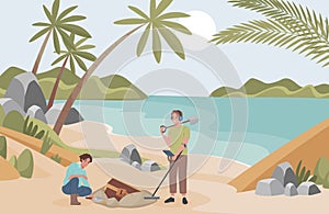Archeologists finding treasure vector flat illustration. Men with archeological equipment searching for artifacts.