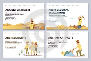 Archeologists landing page templates. Cartoon archaeologists explore antiquities vector illustration