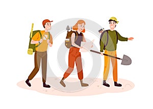 Archeologists team, researchers group flat vector illustration. Excited men and woman with archeological equipment