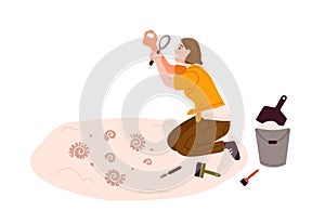 Archeology, antiques search flat vector illustration. Archaeological and geological excavations, scientific study photo