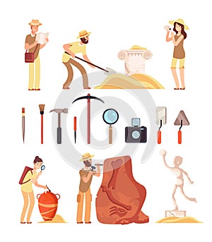 Archeology. Archeologist people, paleontology tools and ancient history artifacts. Vector cartoon isolated set photo